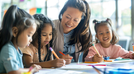 Asian female teacher and little children in classroom writing or drawing on paper