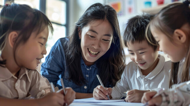 Asisn female teacher and little children in classroom writing or drawing on paper