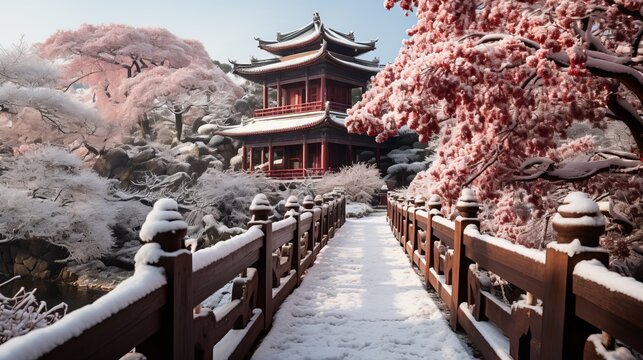 A Japanese temple surrounded by snow-covered cherry blossoms stands at the end of a beautiful bridge covered in snow, creating a winter landscape. Concept: temples of Japan, cherry blossoms, winter Ja