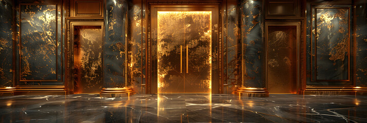  Background of a Golden Door Made of Pure Solid Gold,
Fantasy golden magic portal in a dark room