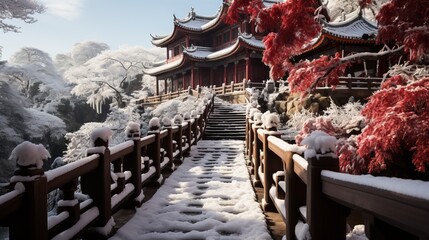 A Japanese temple surrounded by snow-covered cherry blossoms stands at the end of a beautiful bridge covered in snow, creating a winter landscape. Concept: temples of Japan, cherry blossoms, winter - obrazy, fototapety, plakaty