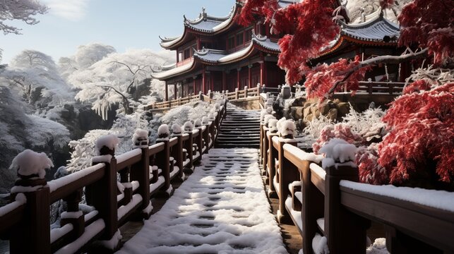 A Japanese temple surrounded by snow-covered cherry blossoms stands at the end of a beautiful bridge covered in snow, creating a winter landscape. Concept: temples of Japan, cherry blossoms, winter