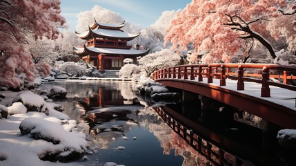 A Japanese temple surrounded by snow-covered cherry blossoms stands at the end of a beautiful bridge covered in snow, creating a winter landscape. Concept: temples of Japan, cherry blossoms, winter Ja - obrazy, fototapety, plakaty