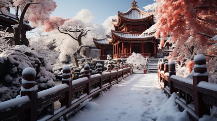 A Japanese temple surrounded by snow-covered cherry blossoms stands at the end of a beautiful bridge covered in snow, creating a winter landscape. Concept: temples of Japan, cherry blossoms, winter Ja