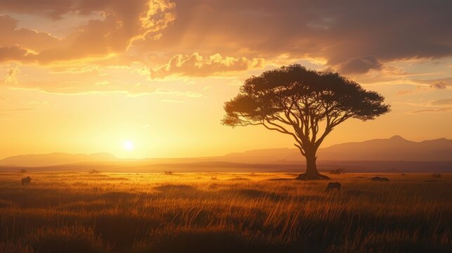 A Serene Savannah Glows in Golden Hour Sunlight for Earth Day