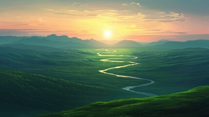 Serene Sunrise Over Lush, Meandering Valley on Earth Day