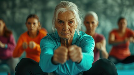 Senior Fitness Class with Determined Instructor, Focused elderly woman leads a multi-generational...