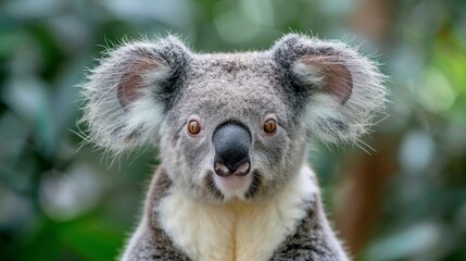 Fototapeta premium A striking koala looks directly at the camera, its piercing gaze complemented by distinctive fluffy ears and a leafy backdrop.