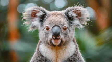 Vivid, engaging eyes draw you into this close-up shot of a koala, surrounded by the greenery of its natural habitat.