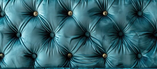 Obraz premium A closeup of a tufted couch resembling a cloud on a sunny day, with vibrant blue fabric and elegant gold buttons, reminiscent of the azure sky reflecting in water