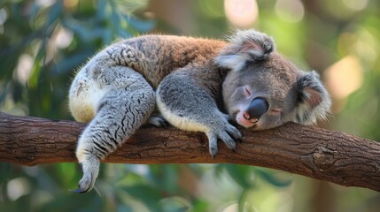 A peaceful koala sleeps soundly on a tree branch, showcasing the serene life of Australian wildlife.