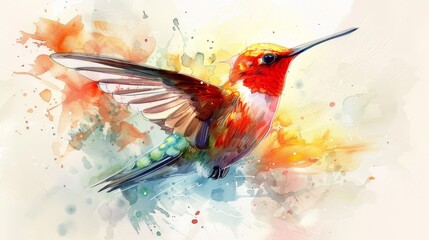 A vibrant watercolor painting of a hummingbird in mid-flight, with a beautiful splash of colors that capture the bird's delicate motion.