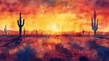 Abwaschbare Fototapete Backstein Earth Day: Tranquil desert landscape under a colorful sunset sky