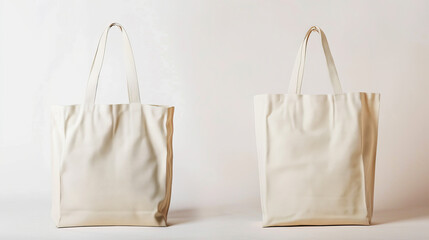 Eco-friendly beige tote bags presented on a neutral background for a clean and versatile mockup