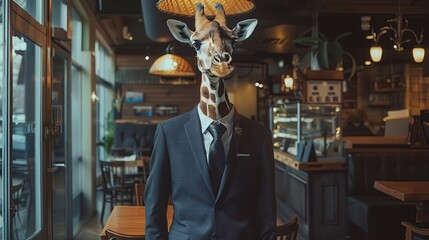 Giraffe boss in a suit in a coffee shop, shooting with a slow shutter speed. - obrazy, fototapety, plakaty