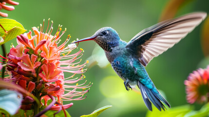 Fototapeta premium A close-up of a hummingbird with a long beak feeding from vibrant pink and white flowers