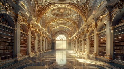 Obraz premium The majestic interior of a grand library, bathed in natural light, showcasing intricate Baroque architecture with ornate details and rows of classic books.