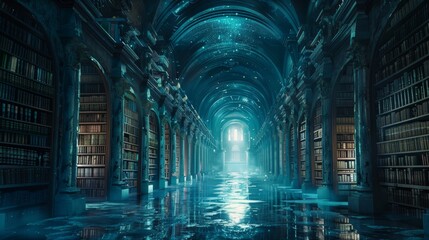 An ethereal view of an ancient library hall, with sunlight streaming through stained glass, creating a mystical and serene atmosphere.