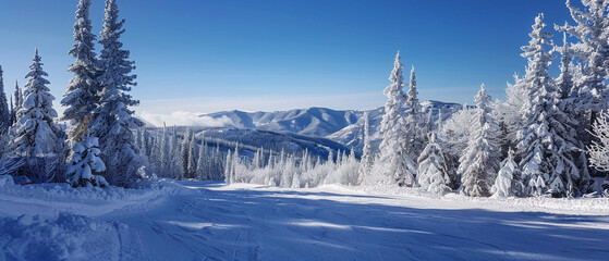 Fototapeta na wymiar Beautiful winter scene: snowy mountain with pine trees, captured under a clear blue sky.