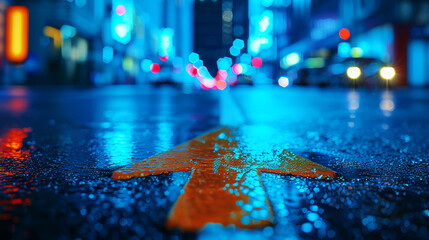 Up-close view of a wet road marking arrow with vibrant bokeh lights of a night cityscape in the background - obrazy, fototapety, plakaty