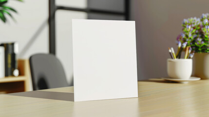 Blank white A5 card standing on a wooden desk in a cozy workspace with plants and bookshelves in...