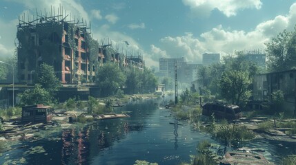 Fototapeta premium A haunting yet beautiful post-apocalyptic urban landscape where nature reclaims the city, with overgrown buildings and tranquil waterways.