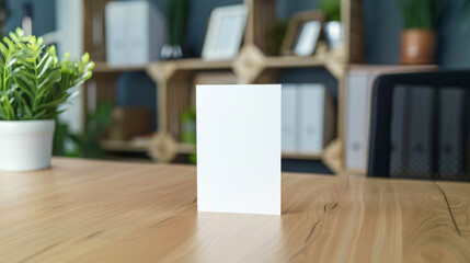 Blank white A5 card standing on a wooden desk in a cozy workspace with plants and bookshelves in the background
