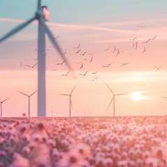 Sunset over fields of wind turbines with birds flying by