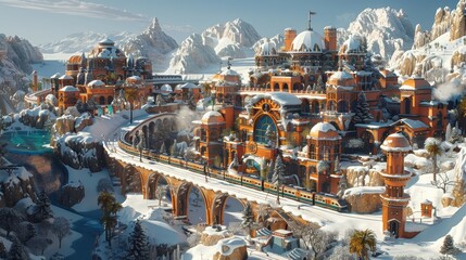 A grand winter palace displaying opulent architecture, with a vintage train gracefully passing through a majestic snow-capped mountain landscape.