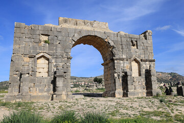 Fototapeta na wymiar Volubilis, a UNESCO World Heritage Site home to Morocco’s best-preserved Roman ruins. This town was of the most remote outposts of the Roman Empire—the Romans ruled here for about 200 years, until 285
