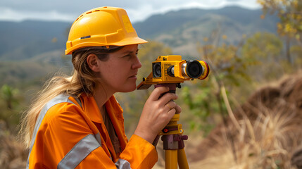 A female land surveyor working with a theodolite robot on a tripod. Agricultural expert