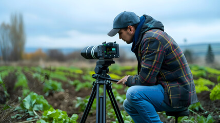 A male land surveyor at work with a robot theodolite on a tripod. Agricultural expert - obrazy, fototapety, plakaty