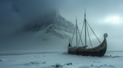 An eerie, abandoned Viking ship stands frozen in time, surrounded by the desolate beauty of a snowy, arctic landscape shrouded in mist. - obrazy, fototapety, plakaty
