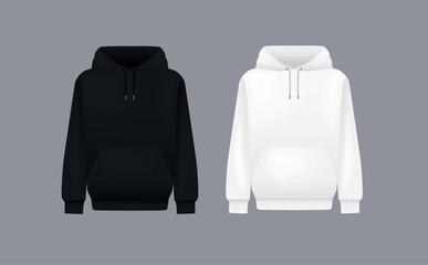 Men black and white hoody. Realistic jumper mockup. Long sleeve hoody template clothing.