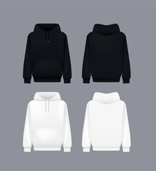 Men black and white hoody. Realistic jumper mockup. Long sleeve hoody template clothing.
