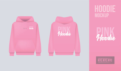 Woman pink hoody. Realistic jumper mockup. Long sleeve hoody template clothing.
