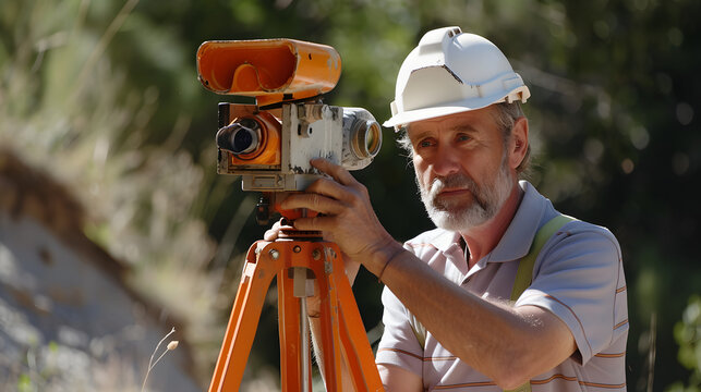 A male land surveyor at work with a robot theodolite on a tripod. Agricultural expert