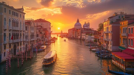 The Grand Canal in Venice basks in the glow of sunset, with historic architecture and boats adding to the city's charm. - obrazy, fototapety, plakaty