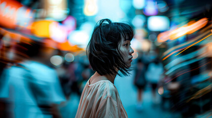 Beautiful Japanese woman with short hair, walking through the streets of Tokyo at night, surrounded by people and neon lights. Blurred motion background with vibrant colors