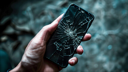 A hand holds a broken smartphone with a cracked screen in a closeup view, broken display, broken frame - obrazy, fototapety, plakaty