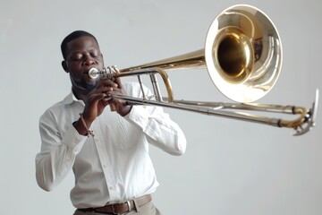 Detail of man playing trombone with white isolated background. Front view. Horizontal composition.