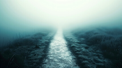 A foggy path leading to the horizon, symbolizing uncharted paths or challenges in life, wide angle, centered, depth of field, mysterious, fantasy