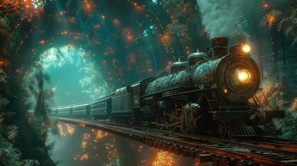 A night-time scene of a vintage train riding through a magically illuminated forest with sparkling lights surrounding the path.
