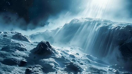 Poster In the foreground is an icy landscape on moons surface, with dark stormy clouds overhead and rays of light shining down from above © Ratthamond