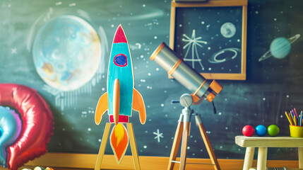 Space rocket, chalk board with drawing of the solar system and telescope in children's room, bright colors