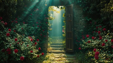 An open door reveals a secret garden bathed in sunlight, with lush rose bushes and a serene, mysterious atmosphere. - obrazy, fototapety, plakaty