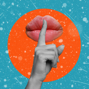 Creative collage art flyer sketch black white body part red lipstick