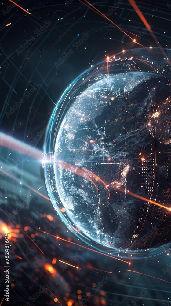 Poster a tech node planet wrapped in glowing data lines, embodying the information age