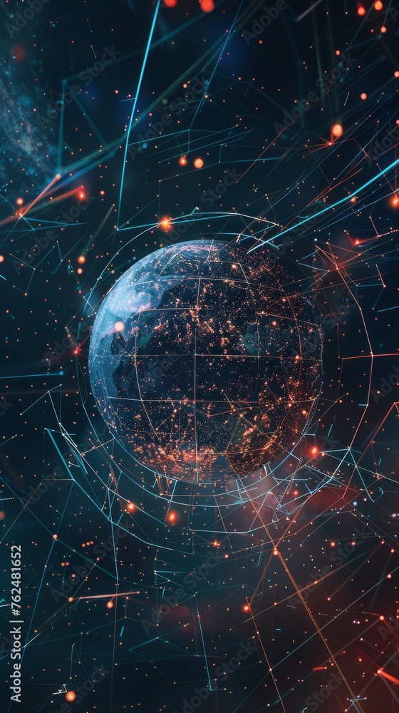 Poster a tech node planet wrapped in glowing data lines, embodying the information age
