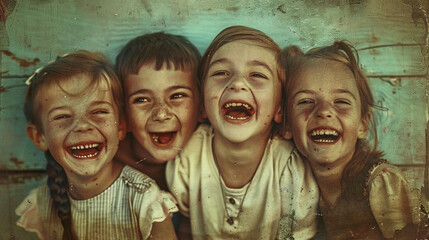 Groupe d’enfants souriants sur une vieille photo vintage - obrazy, fototapety, plakaty